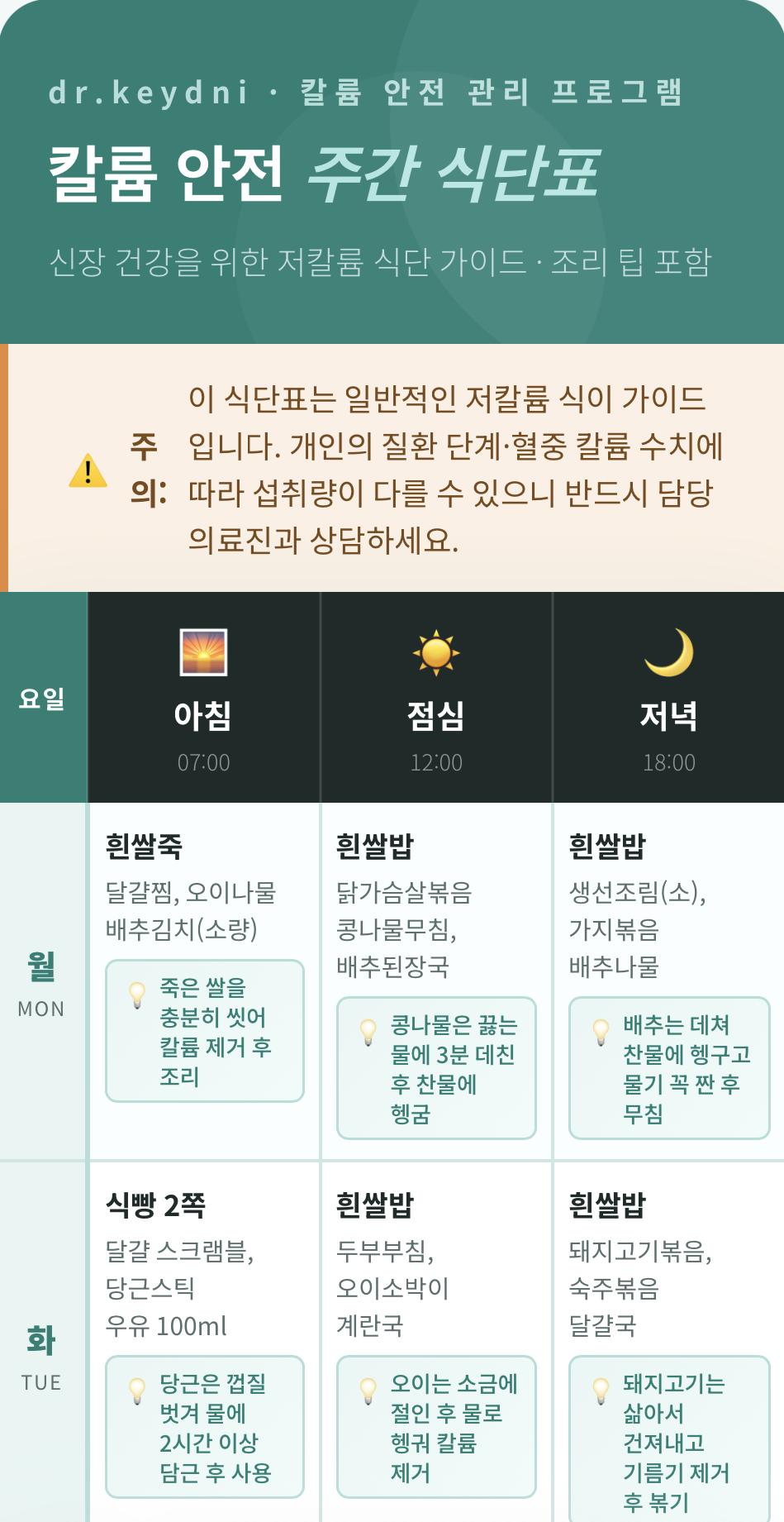 📌 저칼륨 주간 식단표 공유합니다!