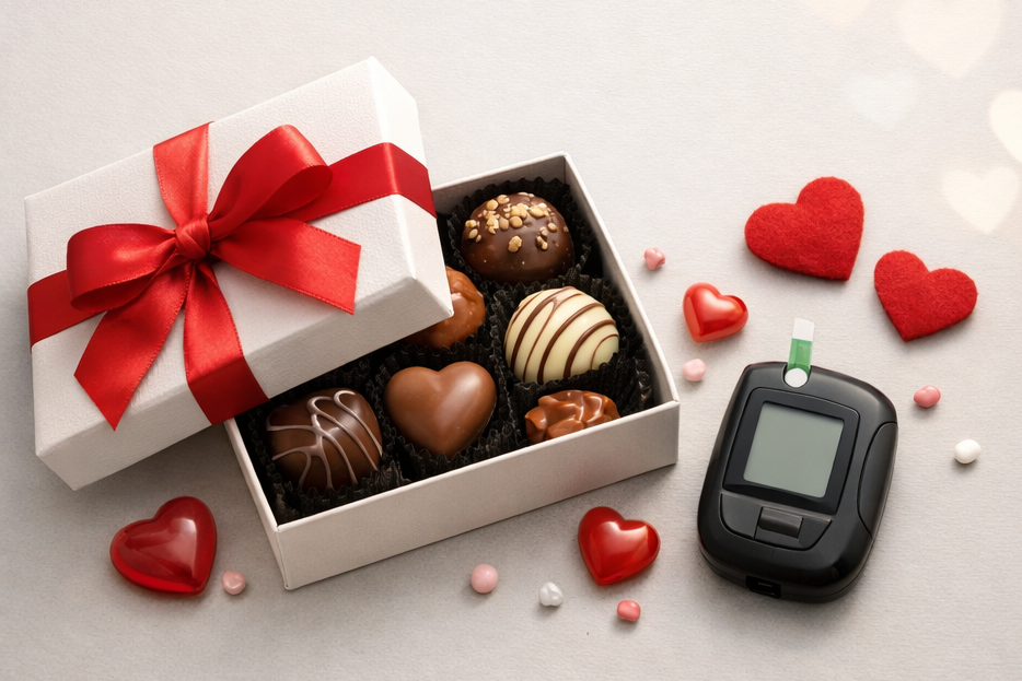 초콜릿 선물박스와 혈당측정기가 함께 있는 이미지