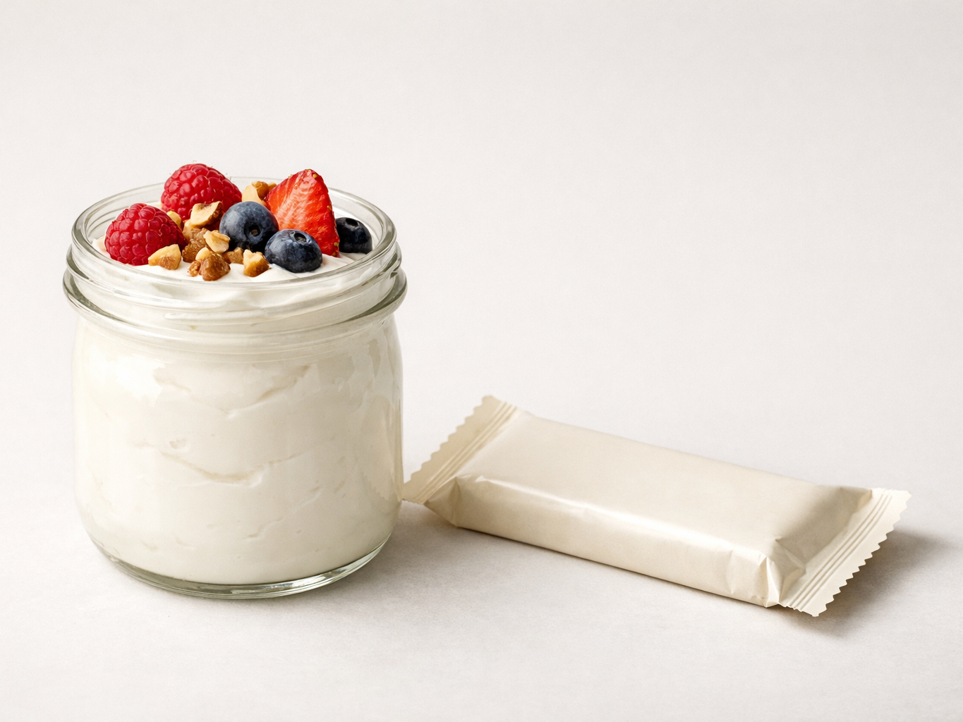 무가당 그릭요거트와 단백질바가 함께 놓여 있는 이미지