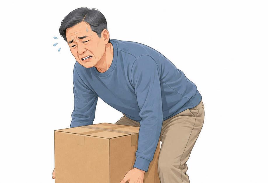 무거운 물건을 들기 힘들어 하는 남성 이미지